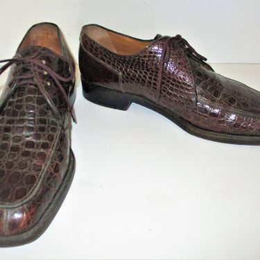 Vintage 1990s Ambassdor Oxfords, Brown Alligator Leather Laced Tie Shoes, Size 7 1/2 D Men 