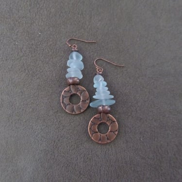 Frosted glass and copper earrings, blue 