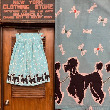 Vintage 1950’s Atomic Border Print Cotton Poodle Rockabilly Skirt, Poodle, Bow Tie, Novelty Print, Atomic, 1950’s, Cotton, Rockabilly, 