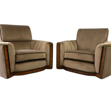 Art Deco Pair of Luxurious Tank Lounge Chairs In Mocha Velvet