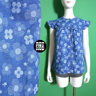 Mod Cutie Vintage 60s 70s Light Blue Flower Power Tunic Top with Flutter Sleeves 
