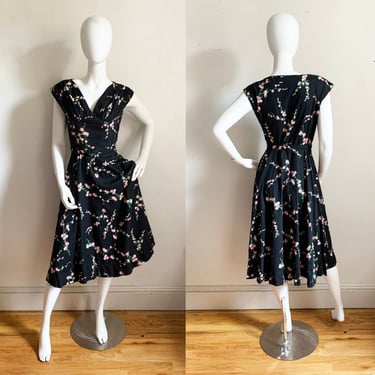 1950s Black Cotton Floral Dress 