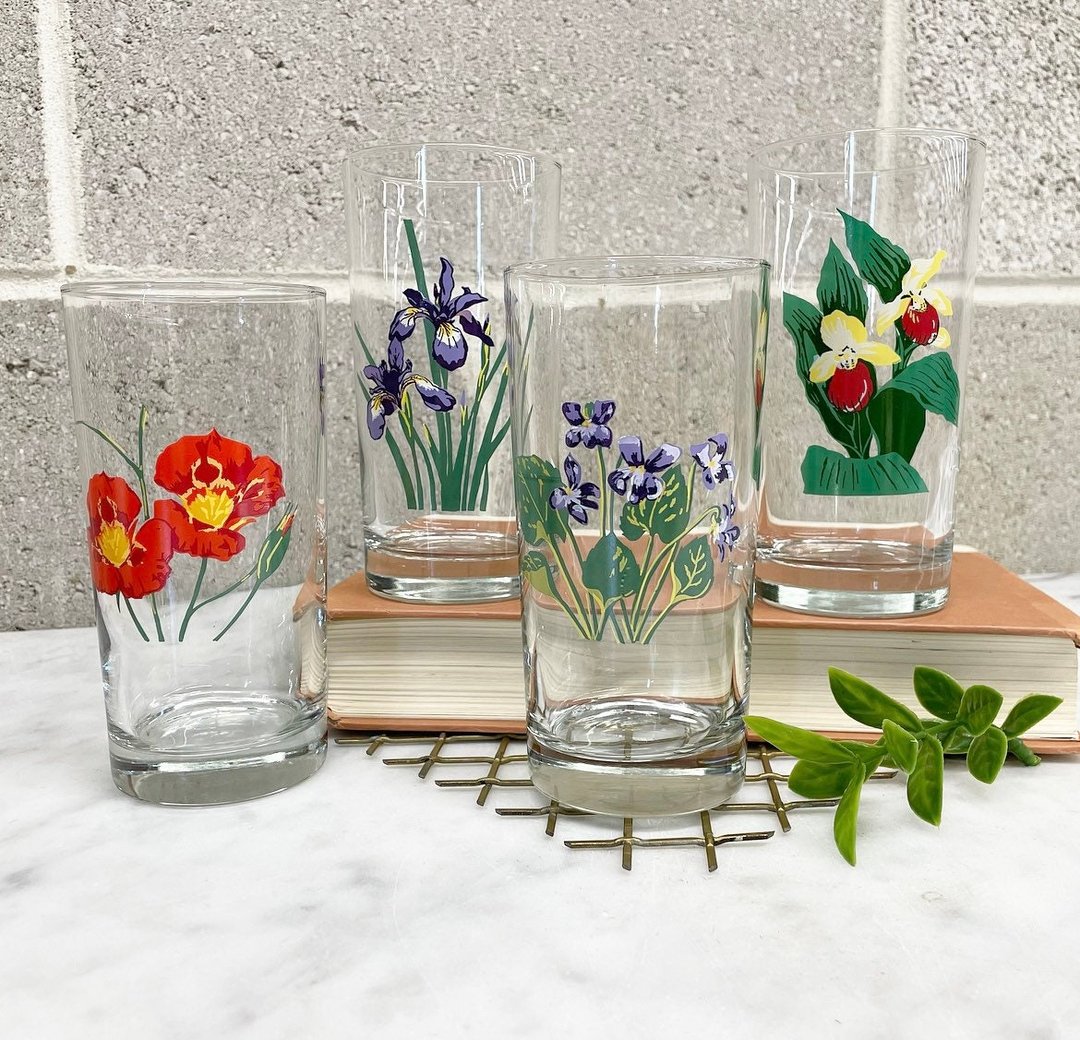 Vintage Drinking Glasses Retro 1980s Preppy + Clear Glass + Flowers