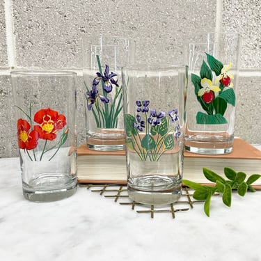 Vintage Drinking Glasses Retro 1980s Preppy + Clear Glass + Flowers + Botanical Design + Set of 4 + Floral Barware + Spring + Kitchen Decor 