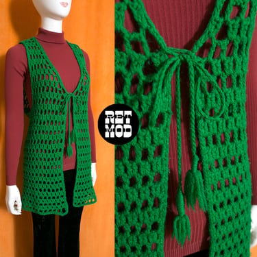 Groovy Vintage 70s Green Crochet Long Vest 