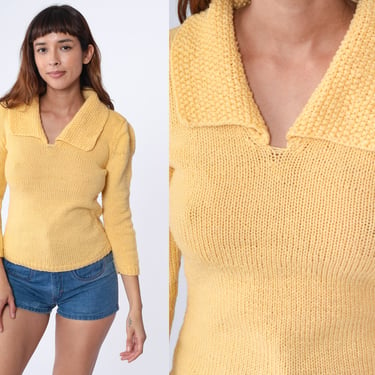 Yellow Knit Sweater 70s Nubby Collar V Neck Sweater Pastel Bohemian Retro Seventies Preppy Boho Hippie Plain Vintage 1970s Extra Small xs 