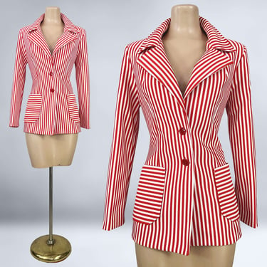 VINTAGE 70s Red & White Striped Tailored Jacket by Jack Winter | 1970s Ringmaster Butterfly Collar Suit Jacket Circuscore | VFG 