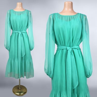 VINTAGE 70s Sea Glass Green Micro Pleated Chiffon Dress by Ruth McCulloch | 1970 Sheer Sleeve Disco Dress and Slip | Stevie Nicks | vfg 