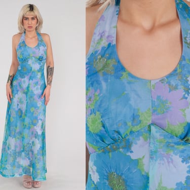 70s Floral Dress Blue Maxi Dress Open Back Halter Dress Watercolor Flower Print Long Sun Dress Sleeveless Garden Party Boho Vintage 1970s XS 