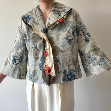 vintage blazer vintage jacket bell sleeves floral green cropped top vintage top blue collared minimalist capsule wardrobe 90s retro size S/M 