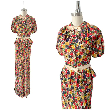30s Floral Floor Length Dress / 1930s Vintage Day Dress Gown / Medium / Size 6 