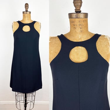 Vintage 1960s Mod Black Dress with Round Cut Out/ 60s Mod Go Go Dancer Little Black Dress S 