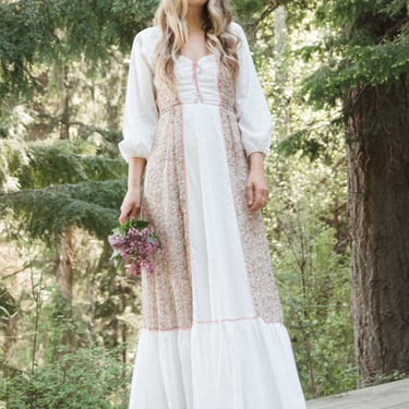 70s CANDI JONES Prairie Dress, Rosy Pink Floral Cotton Gauze + Eyelet Lace Corset Dress, Long Sleeve Boho  1970s Prom / Wedding Dress XS 
