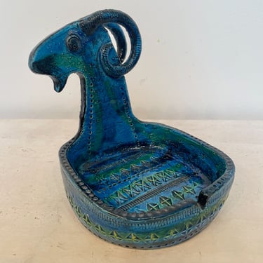Vintage Aldo Londi for Bitossi Ceramics Italy Vintage Ram Ashtray Square - Rimini Blue Collection 