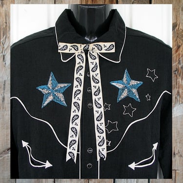 String Tie for Western Shirts, Bone White with Embroidered Black Floral Designs, Silver Metallic Thread,  Rodeo & Square Dance, Clip On Tie 