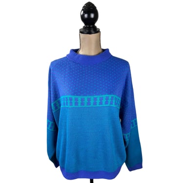 L - 80s Geometric Sweater, Blue Knit Retro Mock Turtleneck, Gradient Color Block Oversized Pullover, 1980s Clothes Women Vintage Size Large 