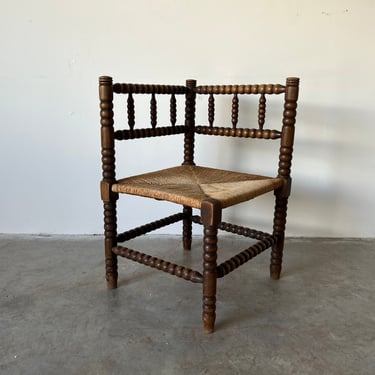 French Vintage Bobbin Turned Wood and Rush Seat Corner - Fireside Chair 