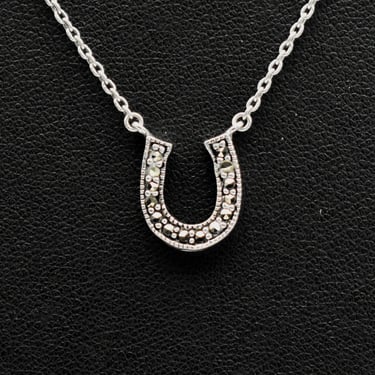 80's sterling marcasite horseshoe pendant, minimalist FAS 925 silver pyrite good luck necklace 