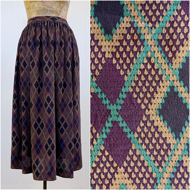Vintage 1980s Jewel Tone Silk Argyle Midi Skirt, 80s Ellen Tracy Gathered Full Tea Length Skirt, Chic Office Attire, 28 Inch Waist 