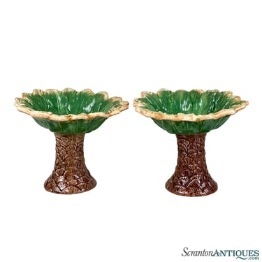 Vintage Majolica Porcelain Palm Tree Footed Pedestal Bowl - A Pair