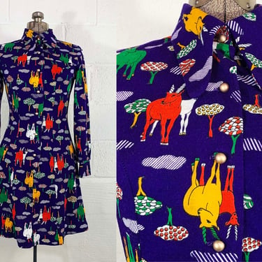 Vintage Mod Dress Mini Dog Ear Collar Purple Gazelle Print Rainbow Button Front Twiggy Long Sleeve Spiegel Dopamine Colorful 1960s 1970s XS 