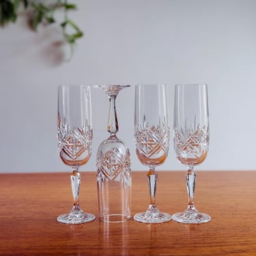 Set of Four Vintage Edinburgh ‘Ness’ Crystal  Champagne Flutes, Tall Cut Crystal Stemware 