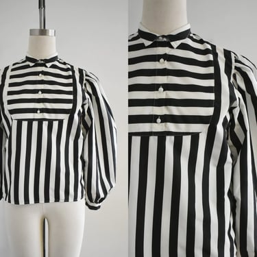 1970s Chaus Black and White Striped Taffeta Blouse with Balloon Sleeves 