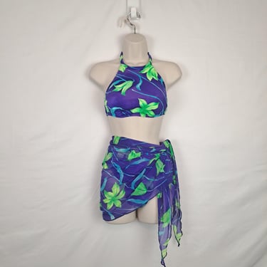 Vintage 90s Purple Neon Tropical Halter Bikini 