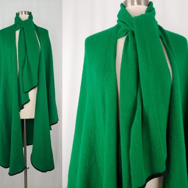 Vintage Seventies Green Acrylic Cape with Scarf Bow - 70s Sweater Cape Poncho - One Size 