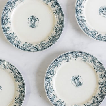 turn of the century French transferware dinner plates, matching set of 12