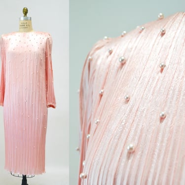 80s Vintage Pink Morton Myles Fortuny Pleated Pink Pearl Beaded Dress size Small Medium Pink Party Wedding dress Pearls Long Sleeve Dress 