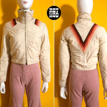 Cool Vintage 70s Beige Rainbow Cropped Ski Jacket 