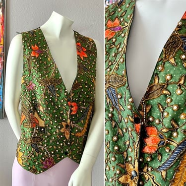 Fabulous Beaded Vest, Ethnic Cotton Fabric, Faux Pearls, Adjustable Waist, India, Snap Front, Vintage 