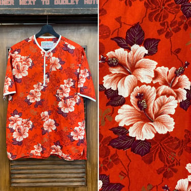 Vintage 1960’s Tropical Floral Tiki Cotton Henley Style Mod Hawaiian Shirt, 60’s Vintage Clothing 