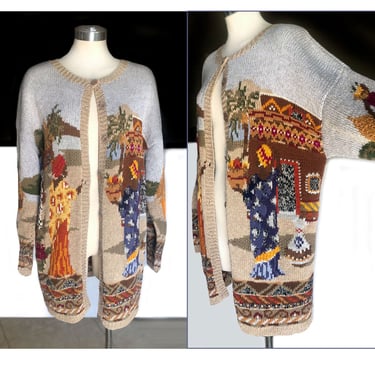AFRICAN Village Print Knit Duster JACKET Sweater Cardigan Coat, Size XL, Warm Vintage 1980's, 90's, Y2K 