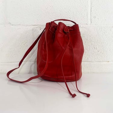 Vintage Red Leather Bucket Bag Purse Handbag Saks Fifth Avenue Shoulder Bag Drawstrings Adjustable Made in Italy 1980s 