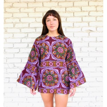 Indian Hand Blocked Tunic // vintage 70s mini dress blouse boho hippie hippy 1970s cotton India purple // S/M 