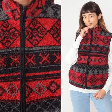 90s Fleece Vest Red Zip Up Vest Striped Geometric Print Sleeveless Sweater Retro Hiking Warm Cozy Layering Vintage 1990s Medium M 