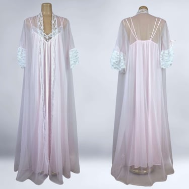 VINTAGE 80s Pink Nylon Chiffon Peignoir Set NWT by Val Mode Nightgown and Sheer Robe | 1980s Lingerie Lounge Wear | VFG 