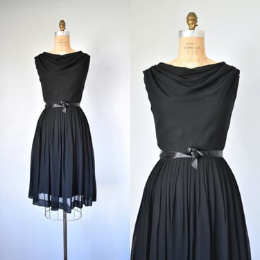 Mona 50s vintage chiffon dress, black dress, 1950s cocktail dress, 60s dress, pleated midi dress, see through dress, plus size vintage dress 