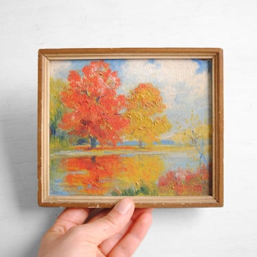 Vintage Tiny Landscape Oil Painting of Fall Trees by a Lake 