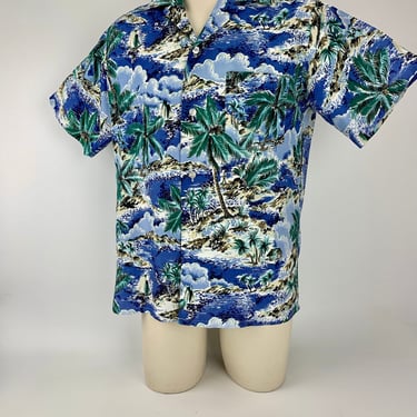 1950's Hawaiian Shirt - BRENT LABEL - 100% Rayon - Beautiful Ocean Blue Colors - Loop Collar - Tropical Print - Men's Size Medium 