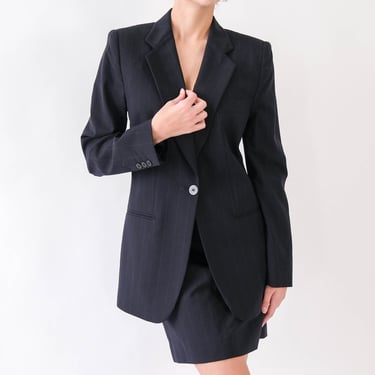 Vintage 90s Giorgio Armani Classico Black Pinstripe Single Button Skirt Suit | Made in Italy | 1990s Armani Designer Mini Skirt Power Suit 