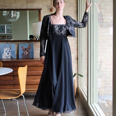 Vintage 1980s/90s Black Evening Gown Maxi Dress & Bolero Jacket, Floor Length Dress Outfit, XS/S Women 