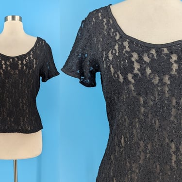 Vintage 90s Judy Knapp California Sheer Stretch Black Lace Short Sleeve Top 