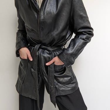 90s Belted Black Leather Hooded Jacket