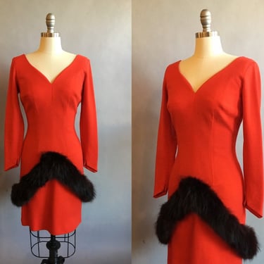 1960s Sexy Red Dress / Fox Fur Trim / Bombshell Dress /Red Cocktail Dress / Red wiggle Dress /Size Small 