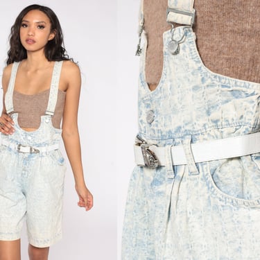 Denim Shortalls 80s Acid Wash Suspender Shorts Light Blue Denim Overalls Women 90s Overalls Exposed Button Shorts Pleated Longon Medium 