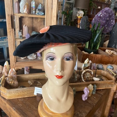 1940s statement hat, oversized beret, vintage millinery, marion valle', pleated wool, black and coral, film noir, avant garde 