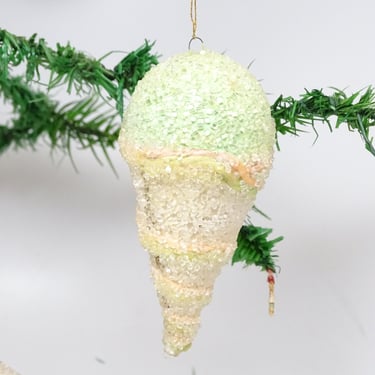 Vintage 1950's Snow Cone Christmas Ornament, Glittered Cardboard with Original Label,  Antique Retro Decor 